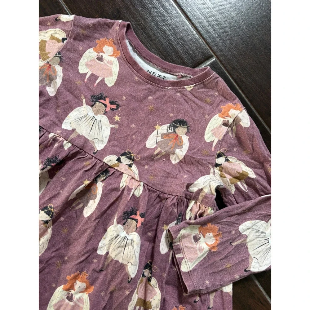 Next Girls Purple Angel Fairy Print Cotton Long Sleeve Jersey Dress 4-5 Years